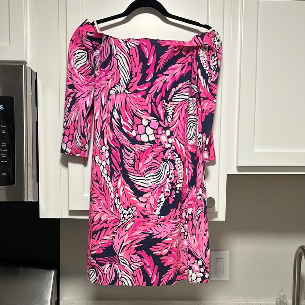 Lilly Pulitzer Vibrant Pink and Navy Off-Shoulder Dress